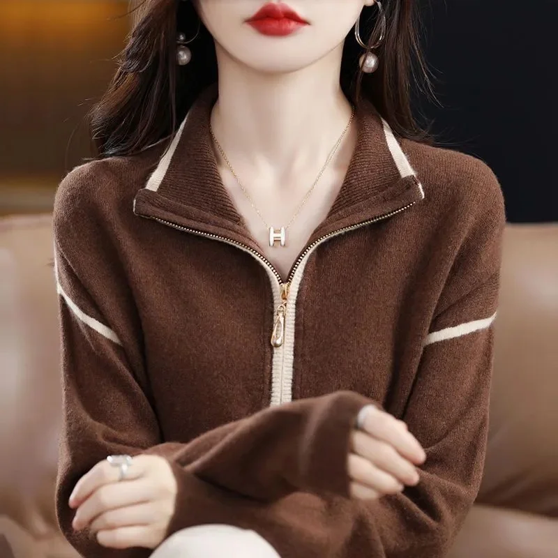 2024 Polo Collar Sweater Women\'s Half High Zipper Loose Outer Hoodie High-End Base Knit Sweater Patchwork Wool Jacket Lady