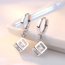 New Fashion Shiny Hoop Earrings Tiny Hoops With Square Pendants Zirconia Simple Style Dangle Earring Piercing Jewelry Gifts