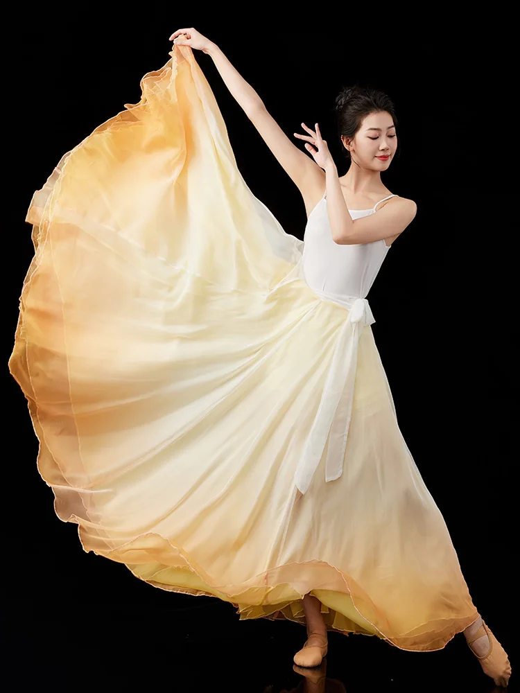 Classical Dance Skirt 360 Degree Rotation Gradient Color Elegant Large Skirt Two-Sided Wear Square Dance Performance Costume