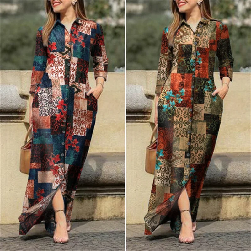 

Islam Abaya Kaftan Casual Floral Print Medium-long Shirt Dress Button Elegant Holiday Party Dress Long Skirt