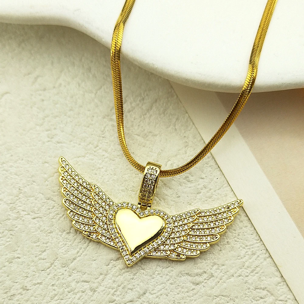 Love Heart Angle Wing Zircon Necklace for Women Men Stainless Steel Snake Chain Copper Necklace Valentines Jewelry cadena hombre