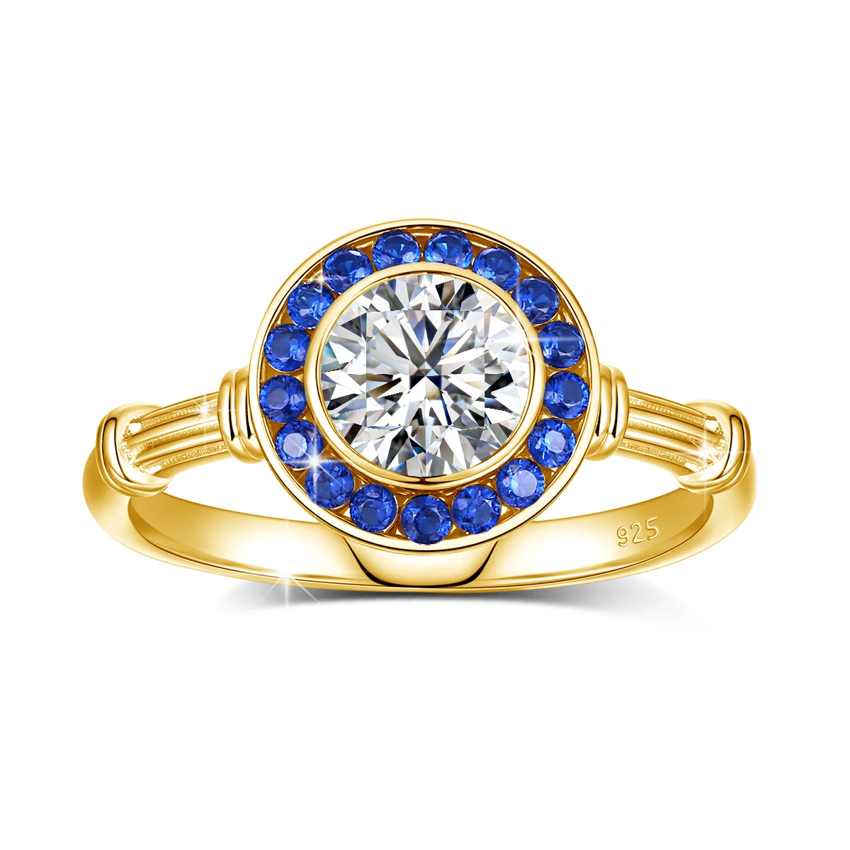 925 Silber Klassische Moissanit-Diamantringe für Damen, Luxuriöse Eingelegte Blaue Korund-Halo-Ringe für Hochzeit und Party – Detail 3