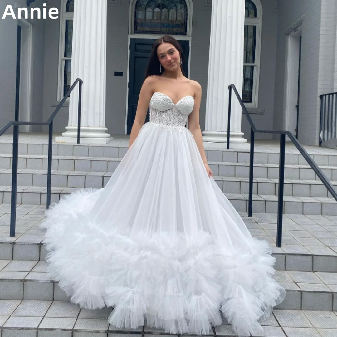 Annie White Wedding Dress Embroidered Tulle Princess Prom Dresses Sexy Off-the-shoulder FormalOccasions Bespoke Occasion Dresses