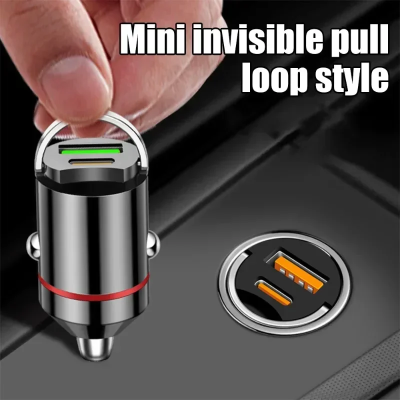 New Car Charger Plastic Pull Ring Invisible PD+usb Super Fast Charge Mini Hidden 100W Flash Charge Multi-function Car Charger