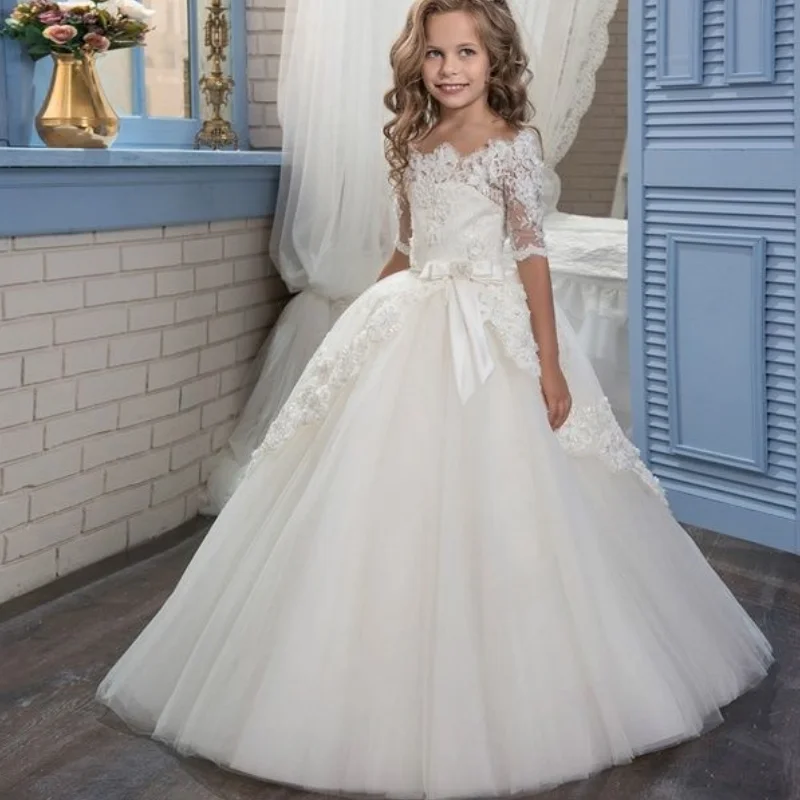 

Flower Girl Dresses White Tulle Puffy Lace Appliques Flowers With Bow Half Sleeve For Wedding Birthday Evening Princess Gowns