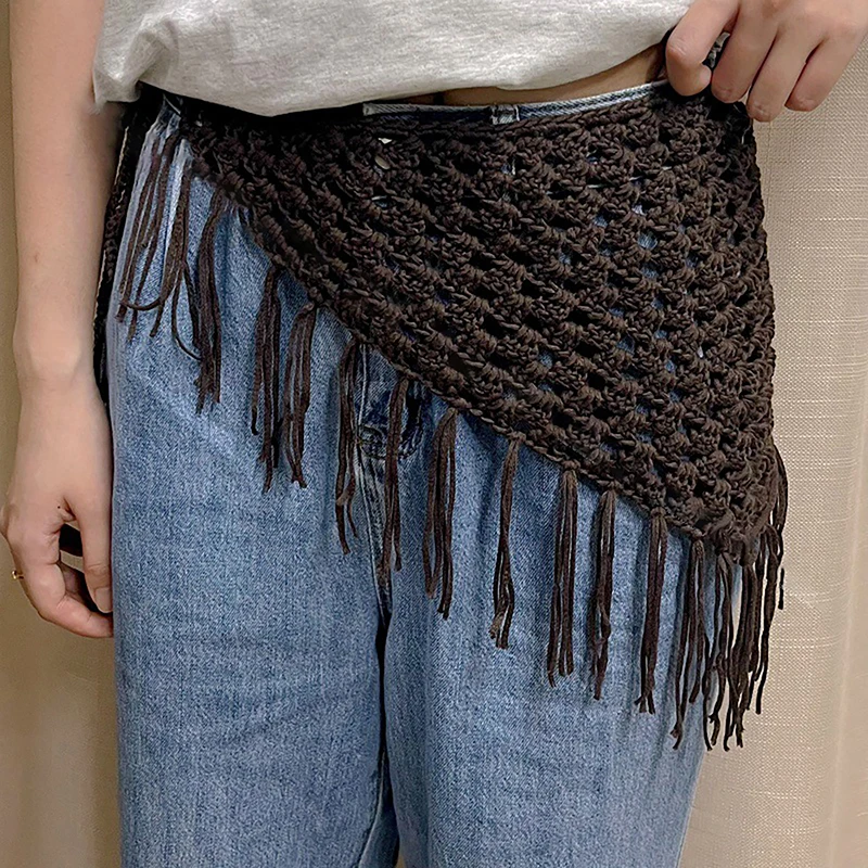 Y2K Hollow-Out Fringe Triangle Schal für Damen, Frühling, verstellbares Layering-Accessoire, vielseitiges Taillen- und Hüftwickel-Mode-Bandana – Detail 6