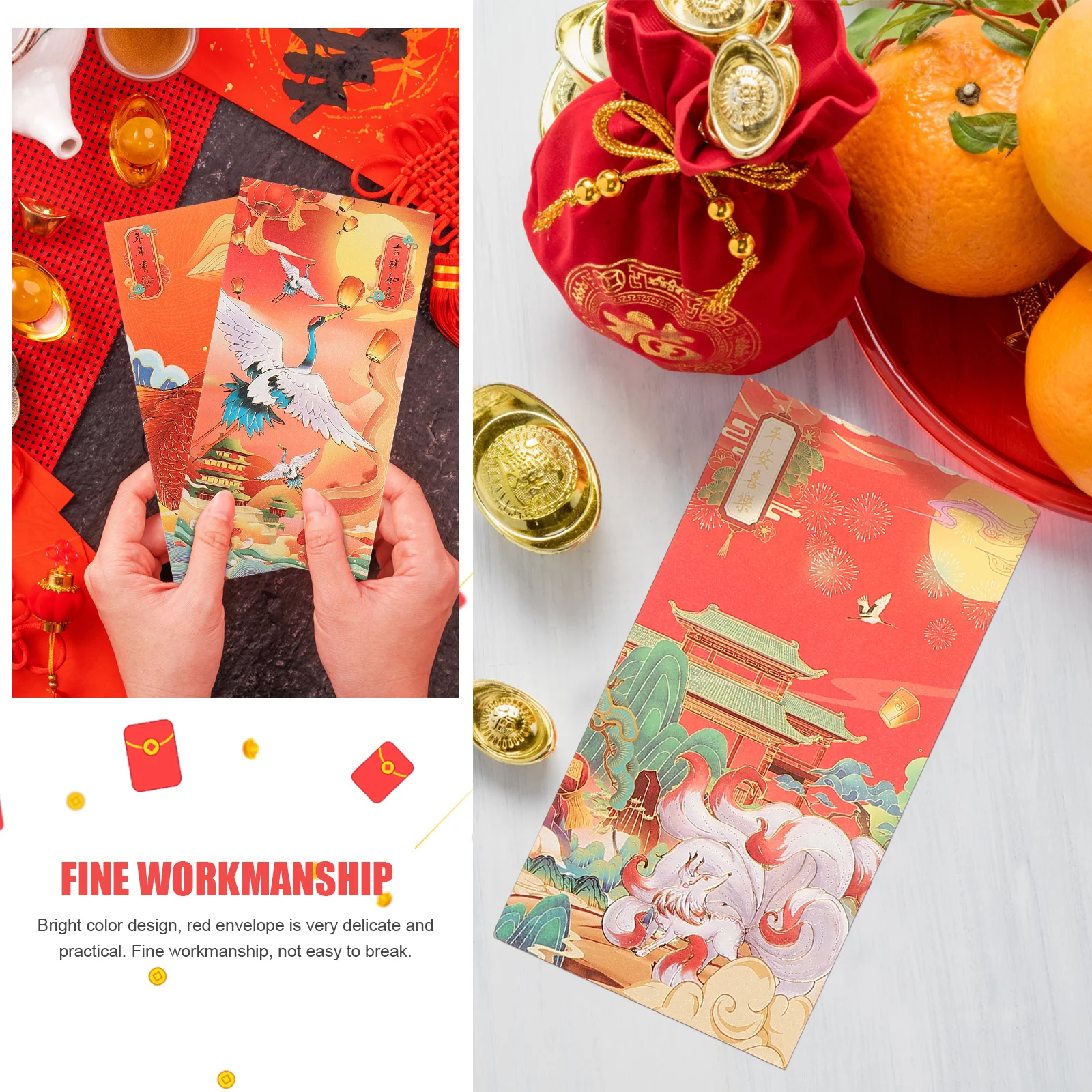 12Pcs Chinese Red Envelopes New Year Money Pouches Mixed Colors Luck Money Packets Paper Red Envelopes Spring Festival Gift