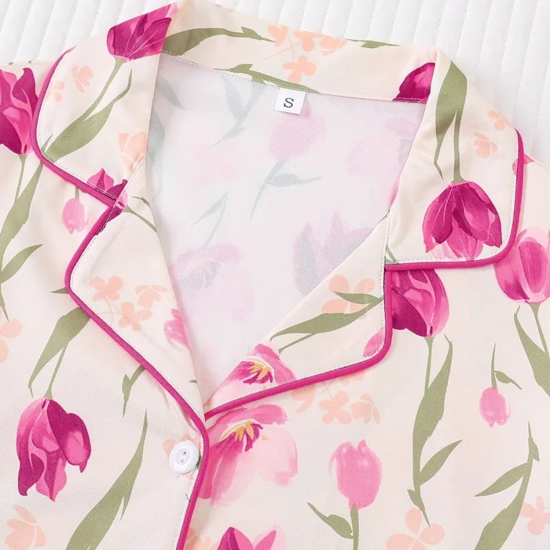 

European American Women's Comfortable Thin Tulip Print Pajama Set with Lapel Short Sleeves Shorts Relaxation Sleepwear Outdoor