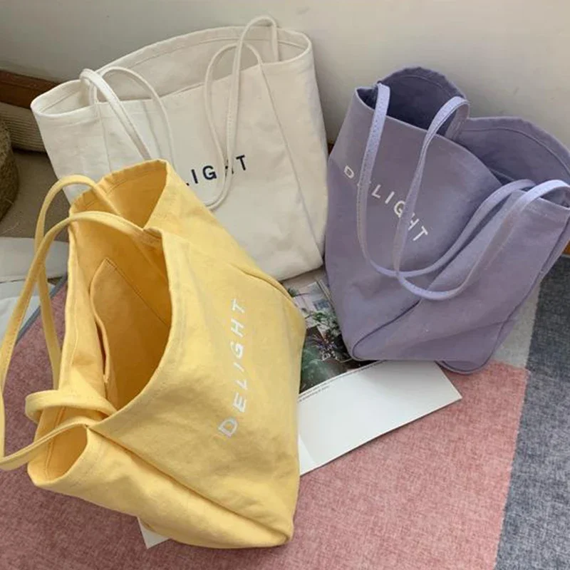 Large Canvas Handbag Women Candy Color Letter Shopping Tote Simple Lady Shoulder Bag Big Capacity Handle Bag Reusable Tote Bolsa