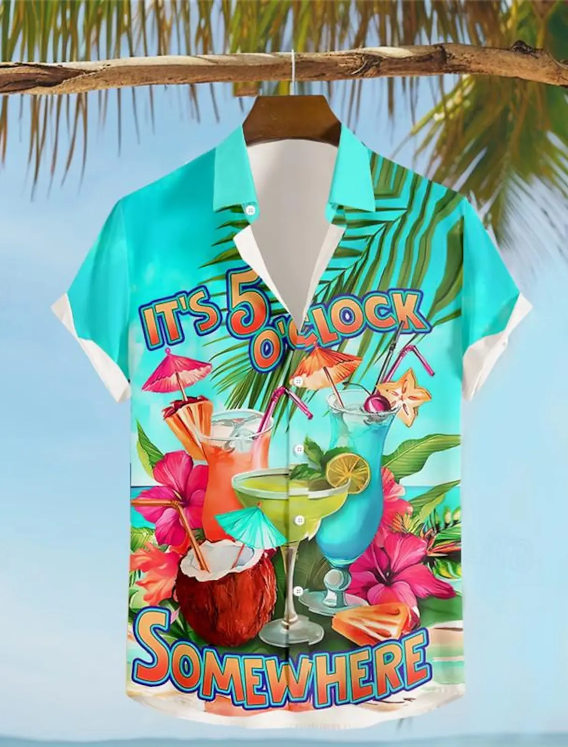 

It's 5 O'clock Somewhere Parrot Men's Resort Hawaiian 3D Printed Shirt Button Up Short Sleeve Summer Beach Shirt Vacation Wear