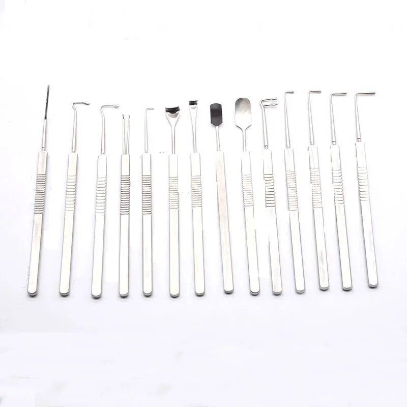 Ophthalmic Microinstruments Set, aço inoxidável, tesoura córnea, ligadura Fórceps, puxar gancho cápsula, rasgando Fórceps, 24