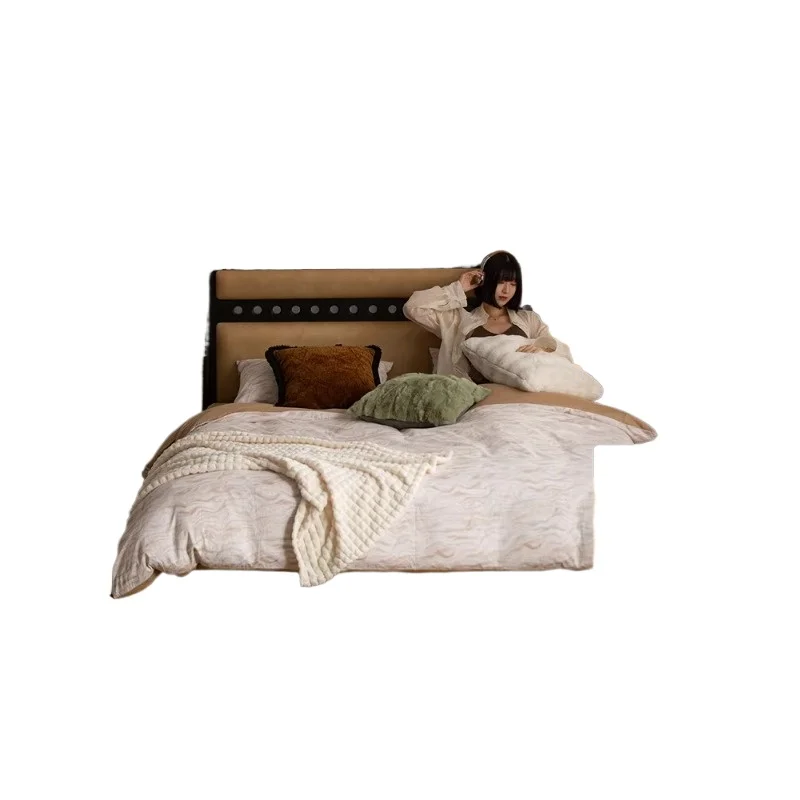 

French medium and ancient bed solid wood leather bed retro oak backrest modern simple double