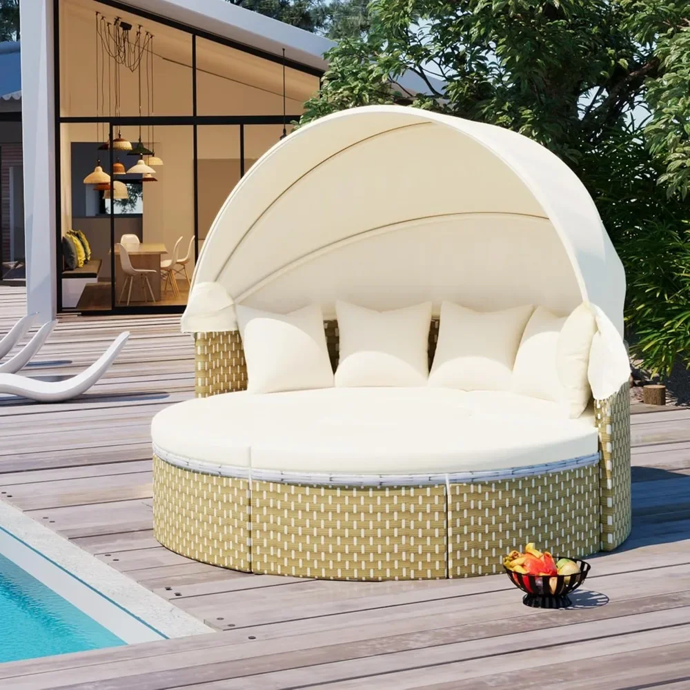 

Two-Tone Rattan Round Patio Sectional Set – Outdoor Wicker Daybed Sofa, Sunbed Furniture with Weave Design