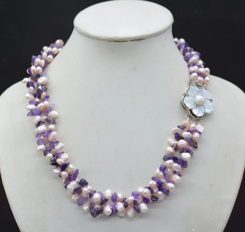 

beauty.3-strand natural peach red baroque pearl and natural purple irregular crystal necklace. Very exquisite Christmas gift 19"