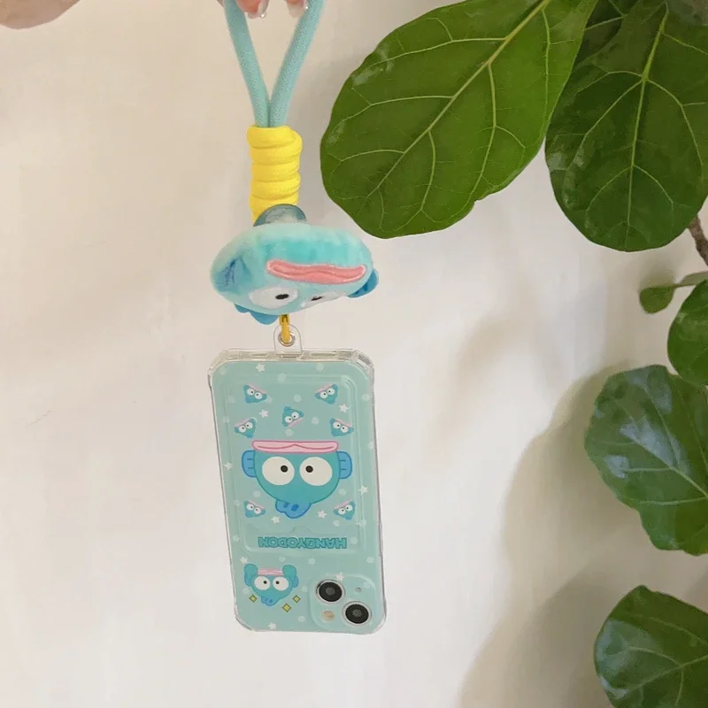 Cute Cartoon Sanrio Hangyodon Card Wallet Pocket Phone Case For iPhone 15 14 13 12 11 Pro Max Soft TPU Cover With Lanyard