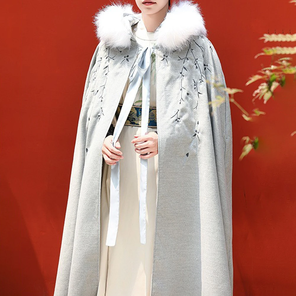 Chinese Style Cloak Hanfu Double-Sided Wool Warm Plus Velvet Thickened Men Winter Fashion Detachable Large Fur Collar Cloak