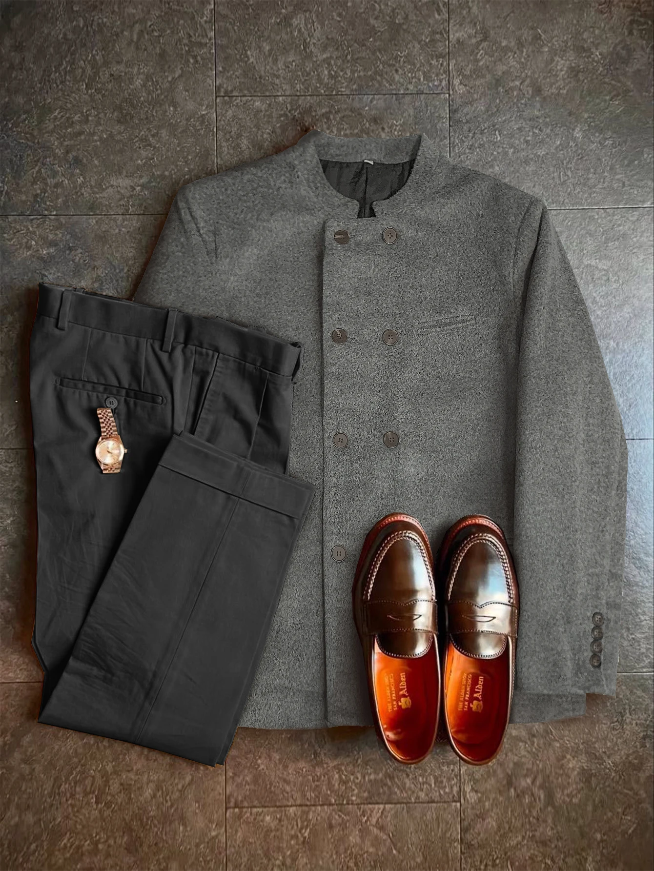 

Men's Elegant Business Tailored Jacket Autumn Winter New Arrival Light Woolen Fabric Stand Collar Double-Breasted Coat