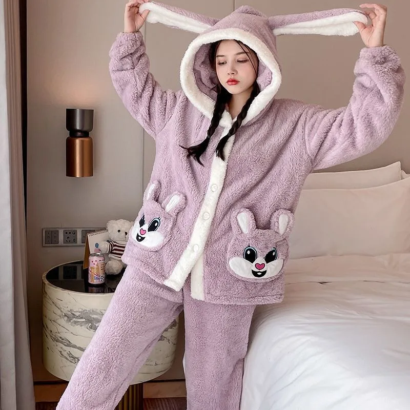 Comfort Casual Coral Velvet Pajamas Women Autumn Winter Thicken Plus Suit 2024 New Cute Cartton Girls Flannel Home Clothes Set
