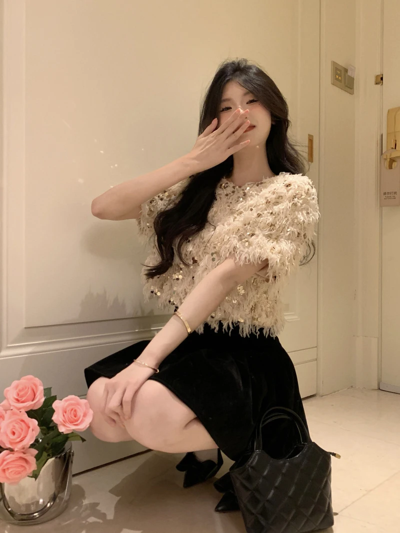 Spring 2023 Women\'s Short Sleeve T-Shirt Glittering Beautiful Design Sensation Elegant Loose Short Top Korean Style round Neck