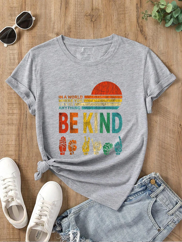 Be Kind Autism Awareness Print Short Sleeved Casual Women T-shirt Round Neck Women Graphical Female Summer T shirt Clothing Tee