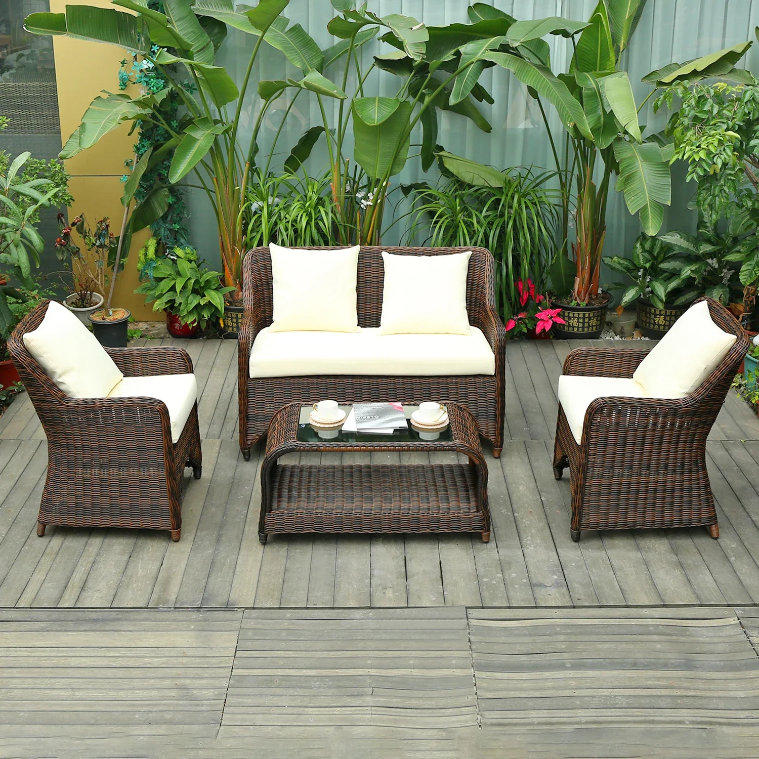 Hot Sale Outdoor Terrace Dining Table Set Garden Rattan Furniture Sofa Set Courtyard Villa