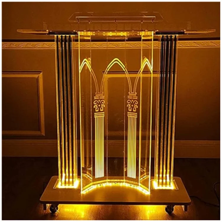 Acrylic Podium with Led Lights with Casters, Elevated Reading Desk,Transparent Podium for Church, Wedding, Office,Clear