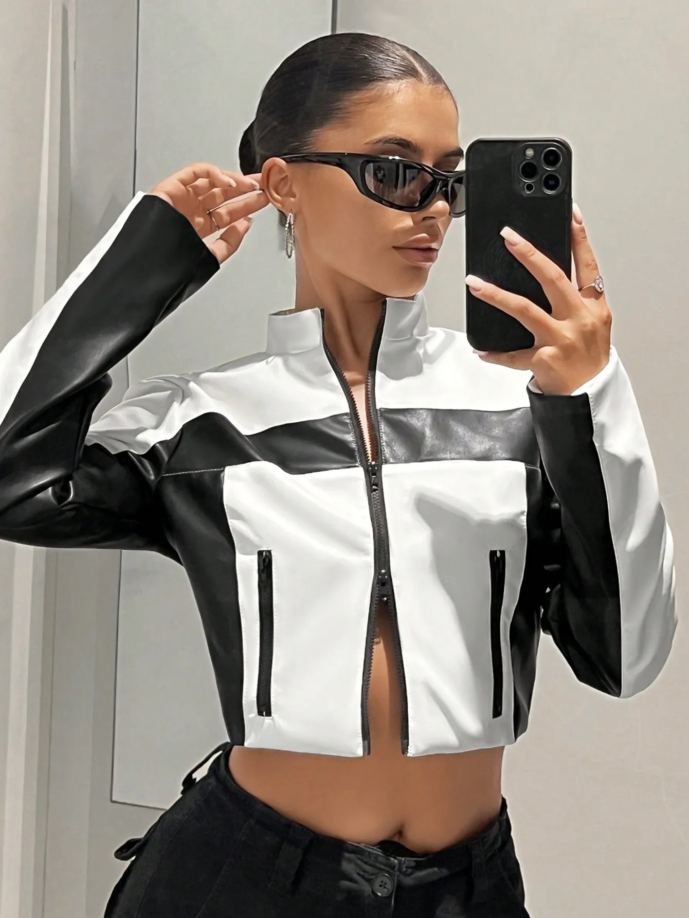

Women's Jackets Y2K Black White PU Paneled Crop 25 Spring Summer Street Style City Lights Weekend Outings Influencer Ready