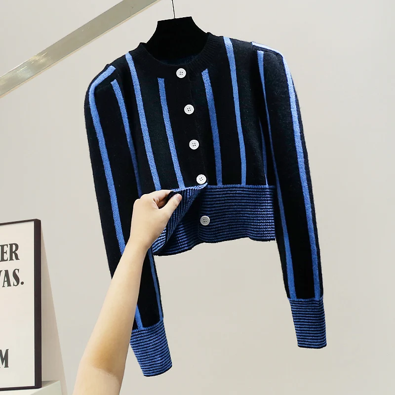 

Slimming Striped Long Sve Knit Sweater Faionable Waist-Cinching Women's Top Versatile High-End Design Commute Sle roun...