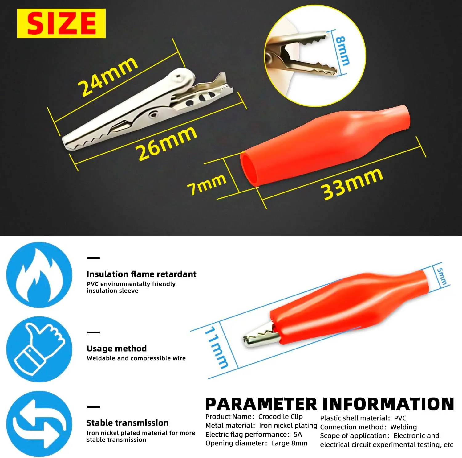 Alligator Clips Electrical Test Kit, 10pcs 1”/27mm 5A Insulated Alligator Clip Crocodile Clamps Jumper Helper with Protective image 5