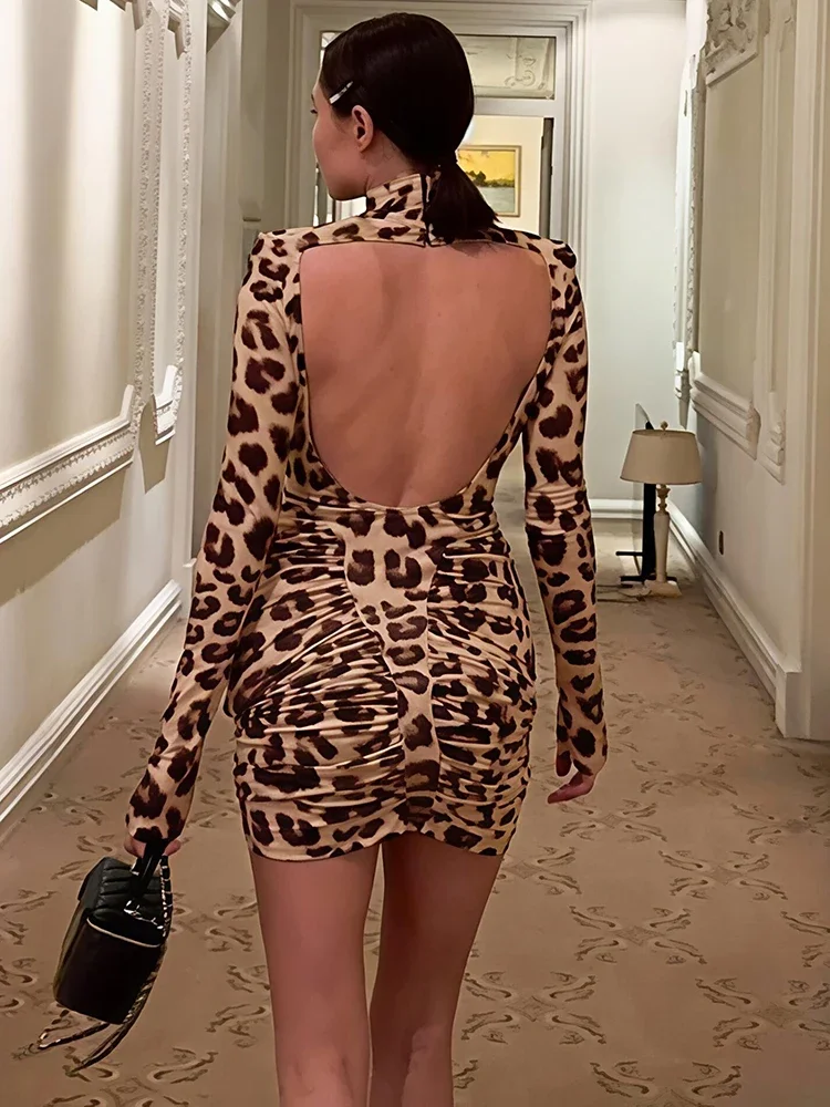 

Leopard Print Long Sleeve Sexy Mini Dress Women Elegant Turtleneck Backless Bodycon Ruched Club Party Dresses Female
