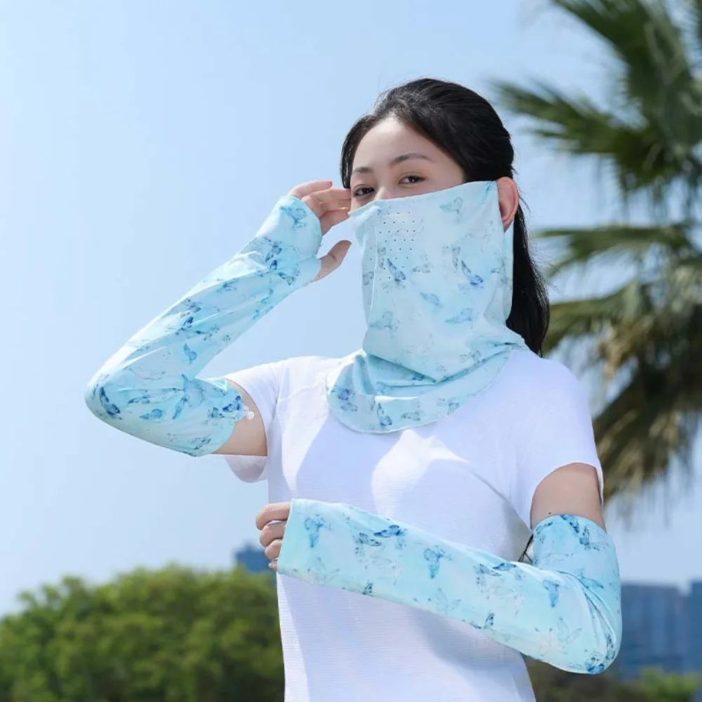 

3pcs Breathable Floral Ice Silk Mask UPF50+ Quick Drying Sunshade Arm Cover Tube Scarf Drawstring Women Sunscreen Veil