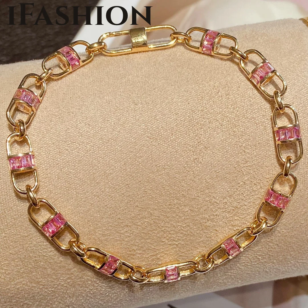 

IFASHION Real 18K Gold Pink Sapphire Bracelet Pure AU750 For Women Weddings Fine Jewelry Gift