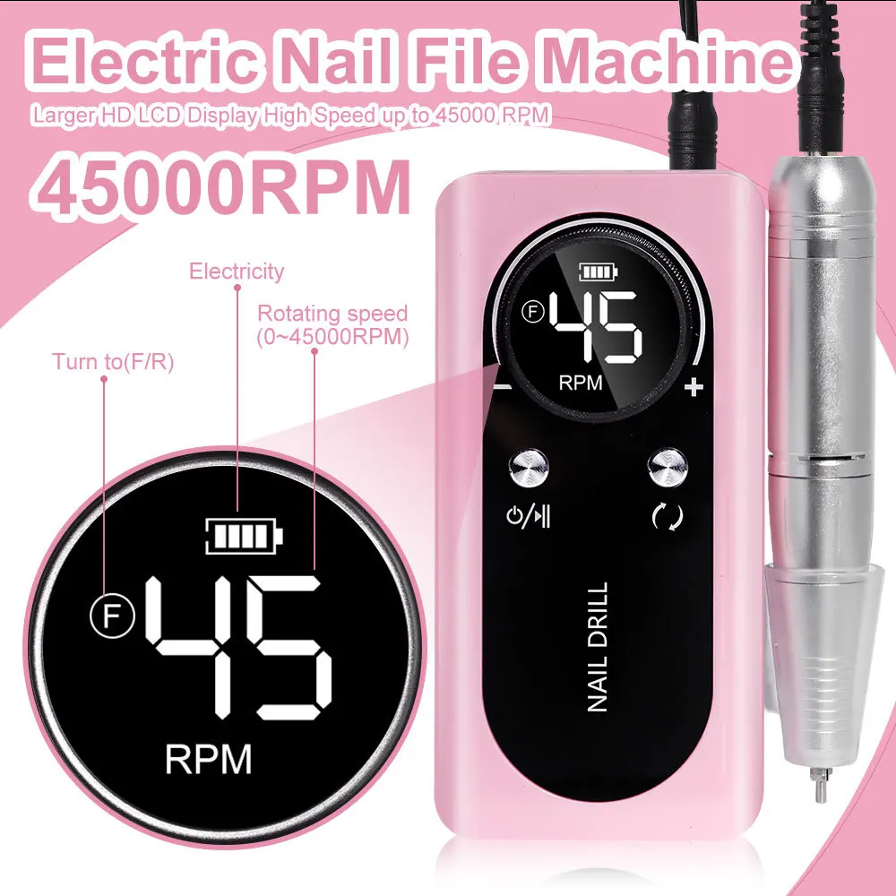 

Professional 45000RPM Electric Portable Nail Drill Machine Rechargeable Low Noise Nail Sander File For Manicure Salon Tool