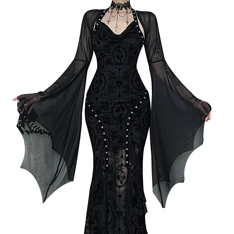 2025 New Retro Halloween Gothic Mesh Smock Women Witch See Through Bat Sleeve Crop Blouse Streetwear Vintage Sexy Cosplay Femme