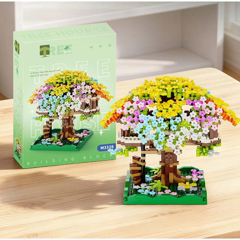Rainbow Cherry Blossom Treehouse Building Block Assembly Toy Diy Lighting Tree House Building Block Toy Home Decoration Kid Gift