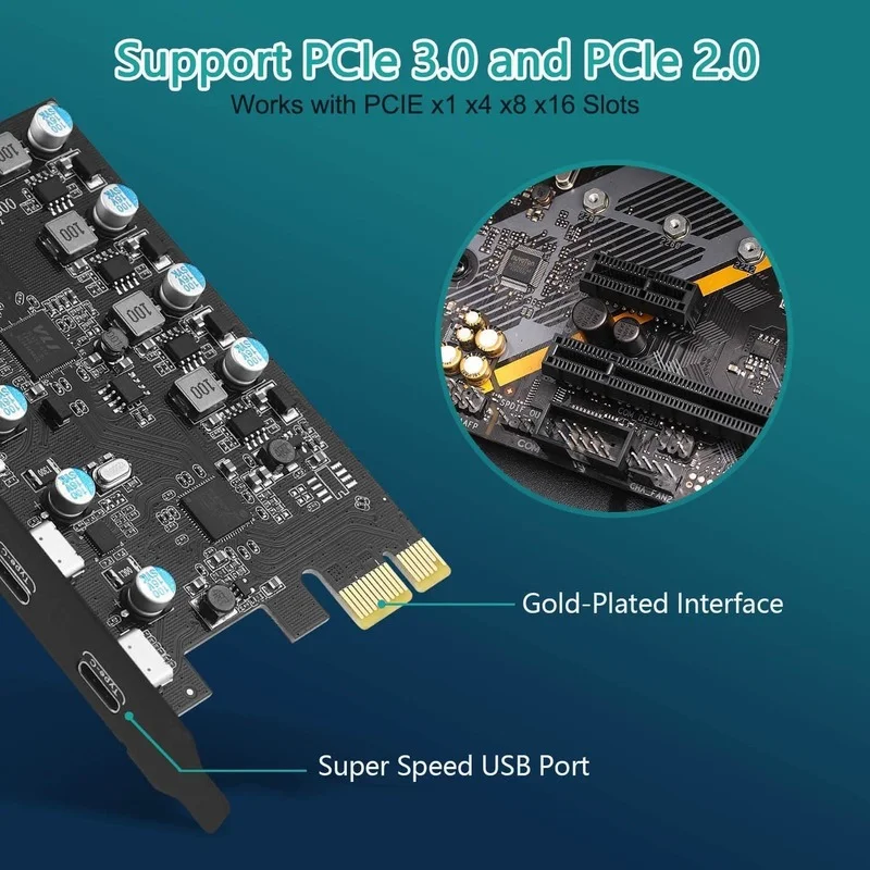 USB 3.0 Card PCIe X1 To USB with 5Gbps 5 Port (2 USB A + 3 Type C) Chip FL1100 Converter Adapter Expansion PCIE Splitter USB3