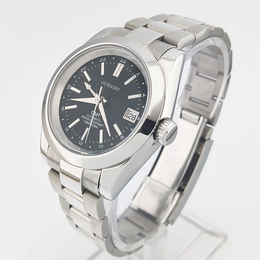 39 มม.หรูหราผู้ชายนาฬิกา NH34 การเคลื่อนไหว GMT อัตโนมัตินาฬิกา Sapphire Glass ปรับแต่งโลโก้ธุรกิจนาฬิกาผู้ชาย