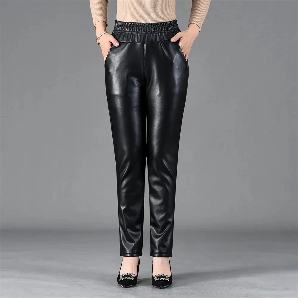 2026 New Women's Loose-Fit High-Waisted Straight-Leg Fleece-Lined PU Pants Autumn/Winter Outer Wear Slim Fit Trousers