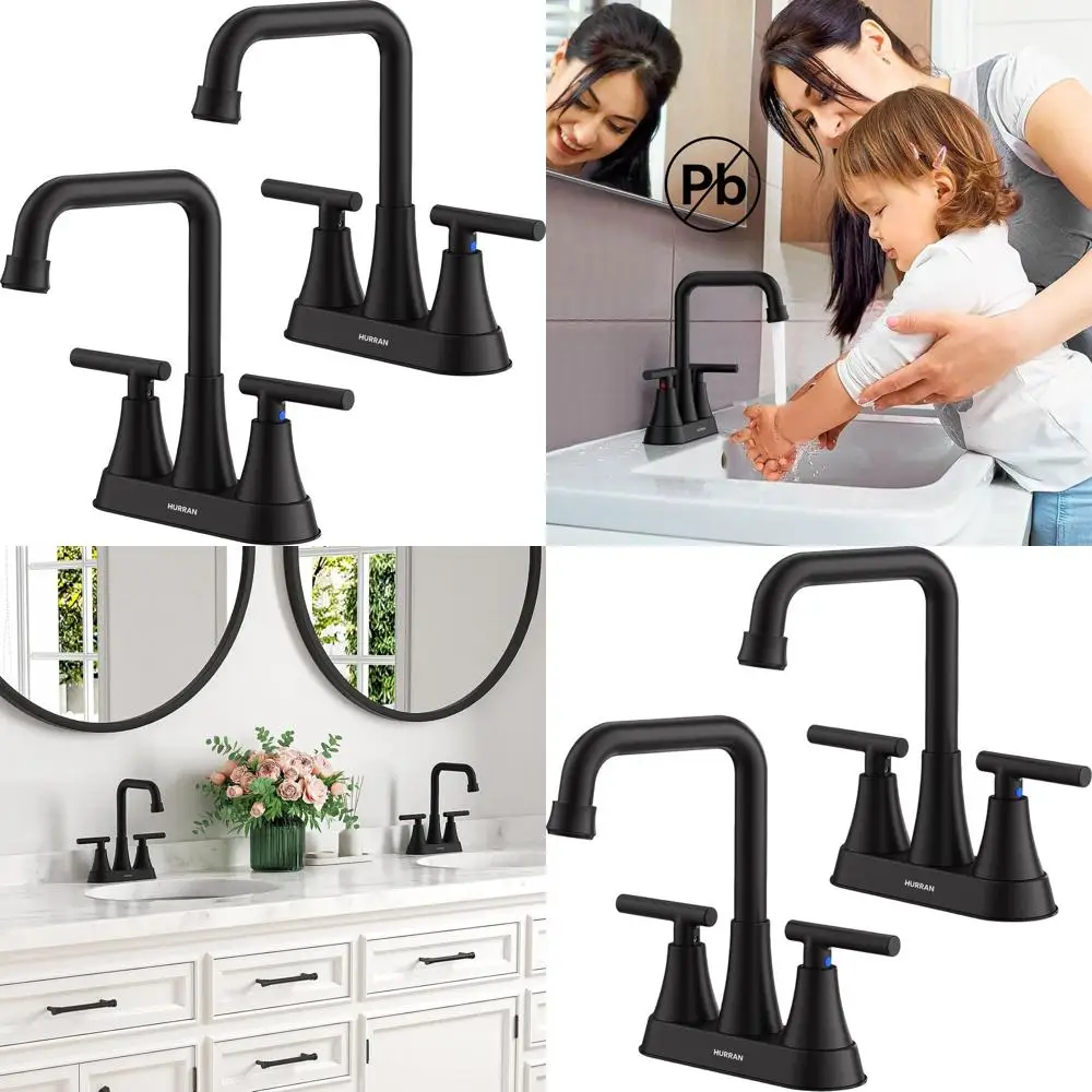 

Комплект из 2 матовых черных смесителей для раковины с 3 отверстиями и выдвижным сливом и шлангами для туалетного столика и автофургона