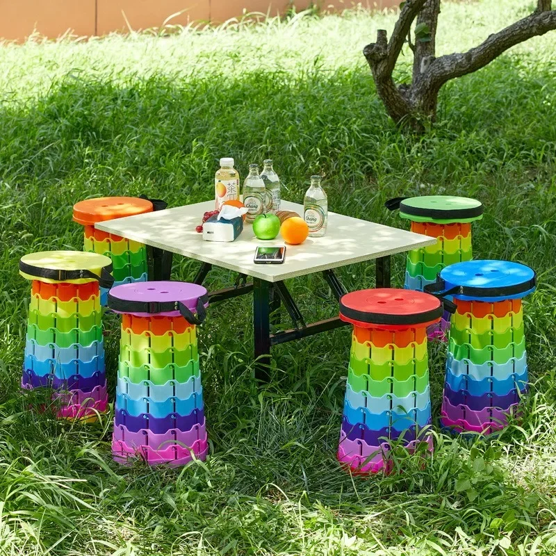 Portable Round Folding Stool Chair Height Adjustment Simple Tool Swing Playground Queue Chair Travel Rainbow Chair Space Saving