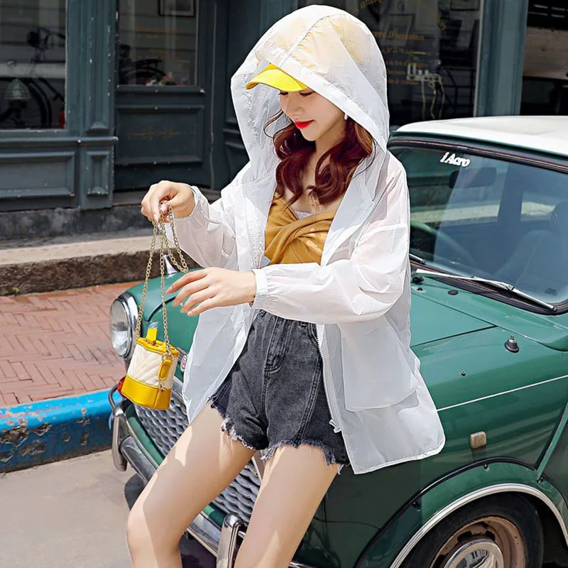 Summer Ultrathin Light Hooded Jacket Women Sun Protection Clothing Korean Casual Outdoor Windbreaker Zip Up Sunscreen Coat Femal