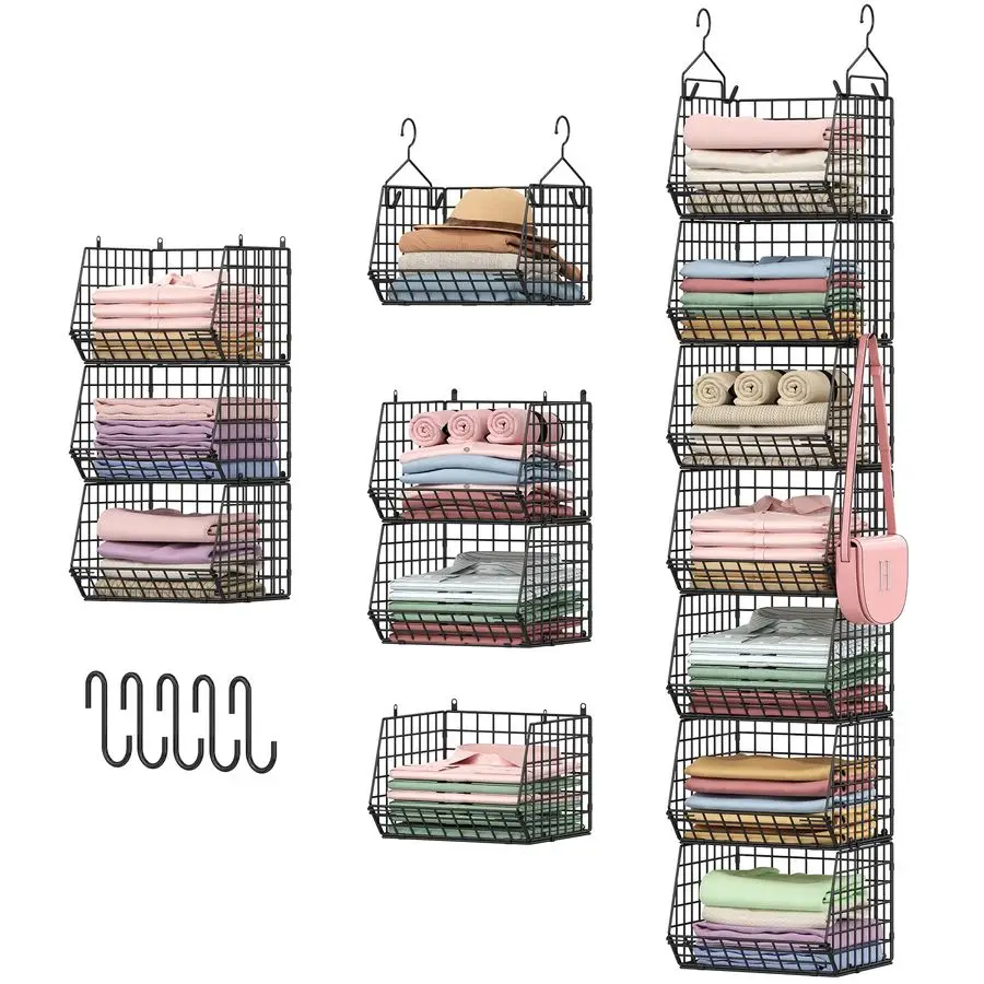 

Tier Foldable Hanging Closet Organizer and Storage,Wire Closet Shelving with 5 S Hooks,Hanging Basket for Clothes Sweaters Shoes