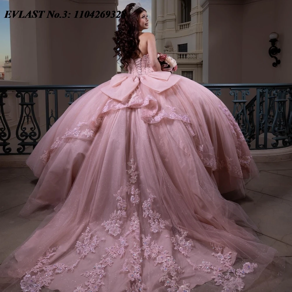 EVLAST-Robe de Bal Rose en Dentelle pour Femme, Tenue Personnalisée avec des Appliques de Perles et un Nministériels d à Plusieurs Niveaux, E3Q188