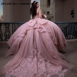 EVLAST Customized Sparkly Pink Quinceanera Dress Ball Gown Lace Applique Beading Bow Tiered Sweet 16 Vestido De 15 Anos E3Q188