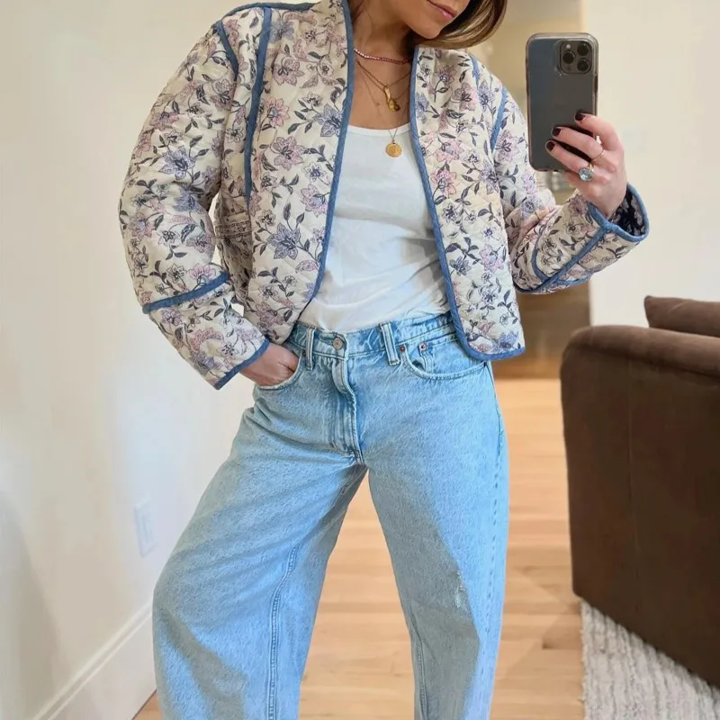 

2025 New Fall Cardigan for Outwear Streetwear Women Crop Quilted Jacket Lightweight Casual Floral Print Open Front Long Sleeves