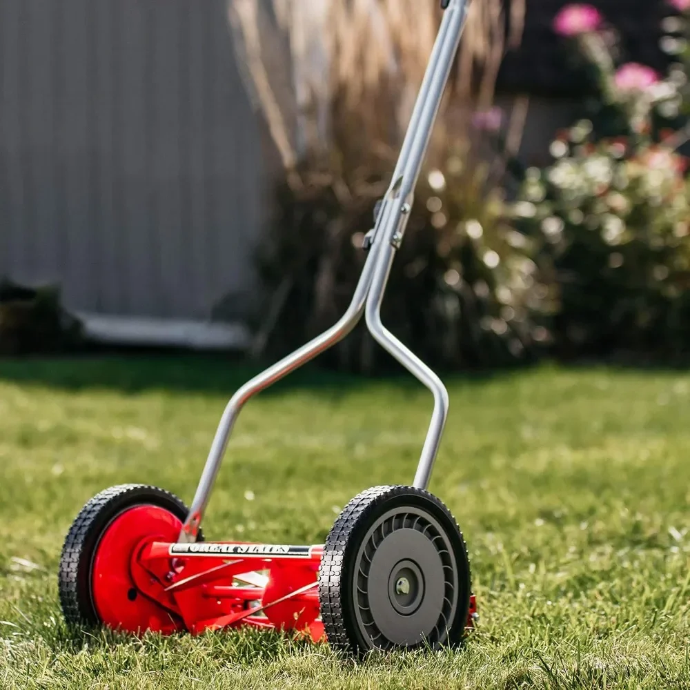 14-Inch 5-Blade Push Reel Lawn Mower, Red，Manicured, Lightweight and Low Maintenance, Suitable for Lawn Use