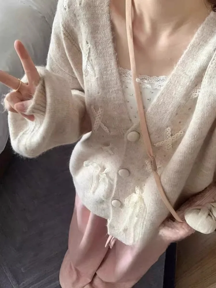 

Свободный вязаный свитер с кружевной отделкой и v-образным вырезом, женское повседневное пальто, милый маленький размер с веревочным галстуком, кардиган, новинка 2025, осенняя мода