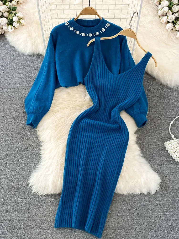 New Autumn Fashion Knitted 2 Piece Set Women Breading Long Sleeve Pearl Top+Knitted Camis Dress Female Sweater Suits 2024 Korea