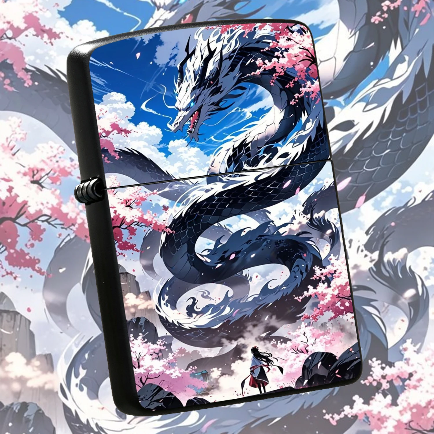 Anime Style Eastern Style Dragon Print Windproof, Sakura Oriental Mystical Black White Dragon Pattern , Durable Scratch Resistant Collectible Gift For Anime Lovers, Edc Pocket Accessory For Dragon Year Souvenir A Fun And Humorous Lighter