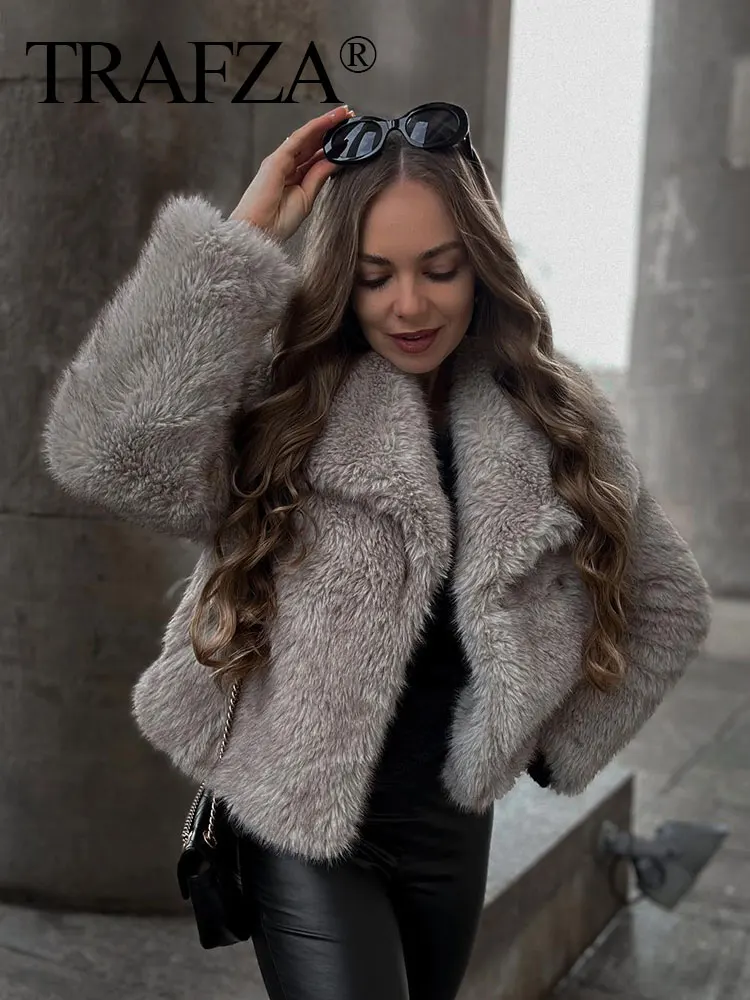 TRAFZA Faux Fur Jacket For Women Elegant Solid Lapel Long Sleeve Coat Winter Female Loose Casual Outwear Fashion Streetwear